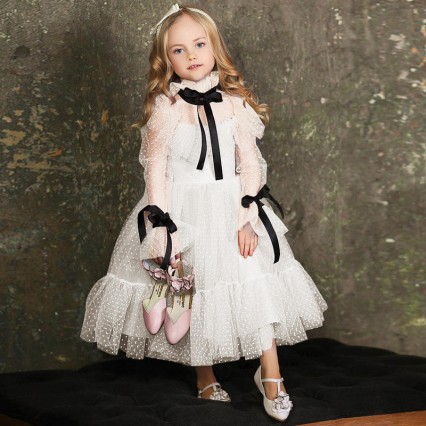 Polka-dot Tulle Flower Girl Dresses Illusion Long Sleeves Girl Wedding Party Dress Ribbons Communion Dress Birthday New Year