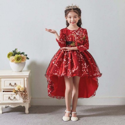 BAIGE Children Dress Girls Bow Wedding Gown Trailing Western Party Wear Formal Princess Girl's Dress 2153