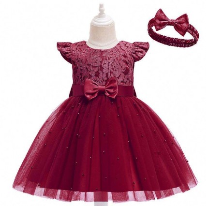 BAIGE Cross-border Kids Dress Wholesale Solid Color Lace Bowknot Children's Party Birthday Dress D0761