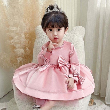 Baige Long Sleeves Party Flower Girl Dress Big Bow 1-6Years Kids Clothing Frock Design 9105