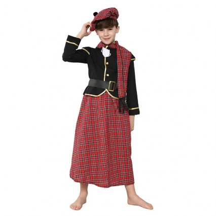 Child Boy Scotland Traditional Scottish Cosplay Tartan Kilt Dress-up Kids World Book Day Party Costume