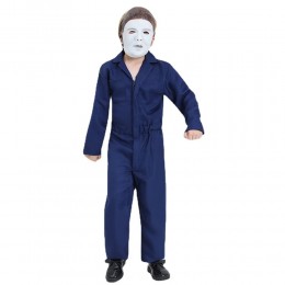 Child Horror Movie Cosplay Scary Halloween Killer Michael Myers Blue Mechanic Coveralls Costume With Vinyl Mask 2Pcs Outfit