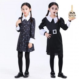 Hot Sale Girl Wednesday Family Addams Cosplay Gothic Black Dress For Kids Halloween Theme Party Costumes