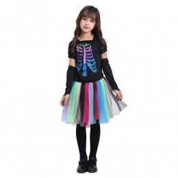 Ready Goods Girls Rainbow Skeleton Cosplay Rock Puffy Dress Kids Halloween Carnival Party Costume