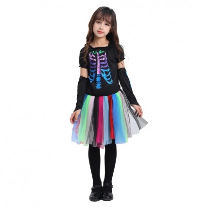 Ready Goods Girls Rainbow Skeleton Cosplay Rock Puffy Dress Kids Halloween Carnival Party Costume