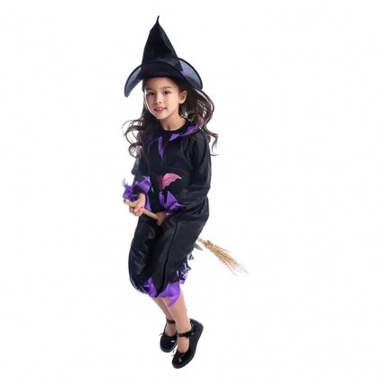 Girl Classic Purple Black Wicked Bat Witch Cosplay Dress Kids Halloween Party Costumes