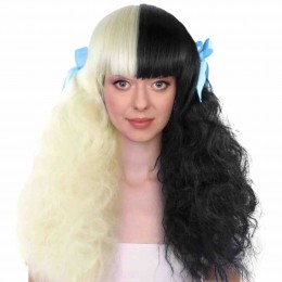 Adult Cosplay Long Curly Wigs Black And Blonde Wig with Blue Ribbons Party Cosplay Fancy Doll Wig for Girls