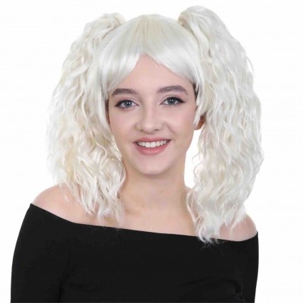 Adult Women Double Ponytail Wig White TV Movie Party Curly Wig Cosplay Halloween Wig for Women Party Role Play Head Accesory