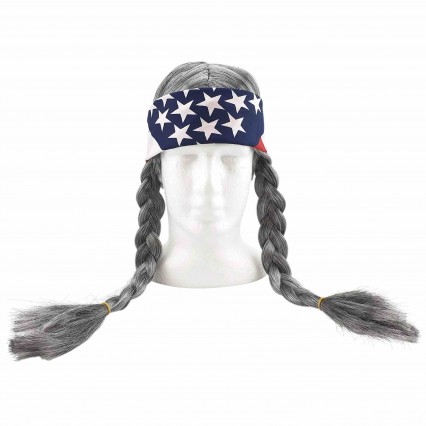 Hippie Willie Unisex Wig Cowboy Country Braid Wig USA Bandana Cosplay Costume Wig Party Music Festival Role Play Head Accessory