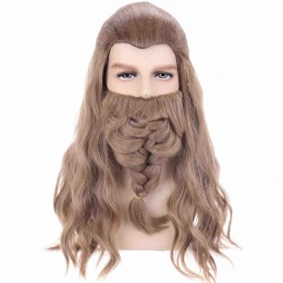 Men Long Wavy Golden Wig Brown Cosplay Wig with Braid Beard Costume Party Braiding Wig for Adult Role Play Prom Head Accesory