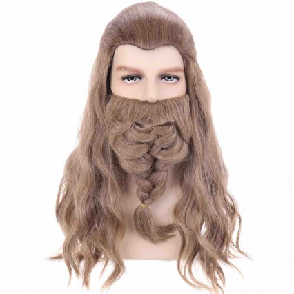 Men Long Wavy Golden Wig Brown Cosplay Wig with Braid Beard Costume Party Braiding Wig for Adult Role Play Prom Head Accesory