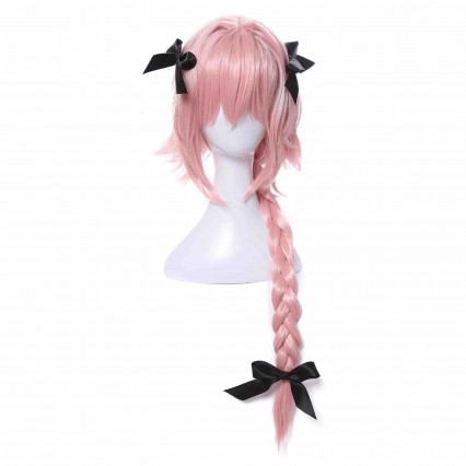 Women Astolfo Cosplay Wig Long Braided Synthetic Hair Wigs Pink Party Holiday Role Play Wig with Black Bow Ties