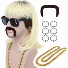 70s 80s Adult Men Long Black Root Blonde Mullet Mutsache Wig with Gold Necklace Earrings Halloween Costume Cosplay Wig