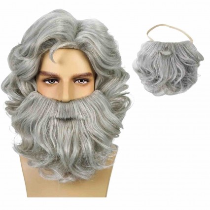 Santa Beard and Wig Set Long Gray Wig for Men Women Carnival Christmas Halloween Party Wig