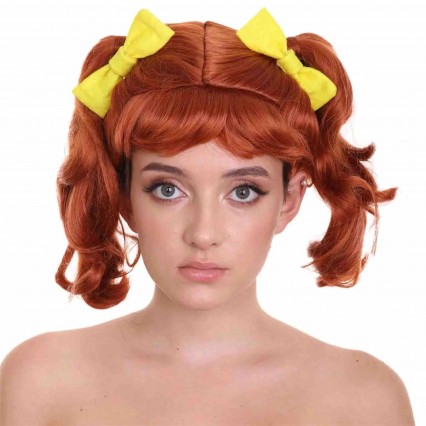 Shoulder Length Human Hair Wigs for Women Cosplay Halloween Party Wig Red Head Pigtails with Yellow Ribbons Wig