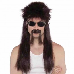 80's Themed Men Dark Brown Mullet Wig and Moustache Set for Halloween Costume Parties