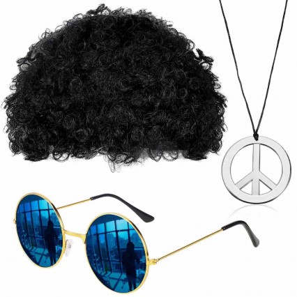 Hippie Costume Set Funky Afro Wig Sunglasses Peace Sign Necklace for 50/60/70s Theme Party