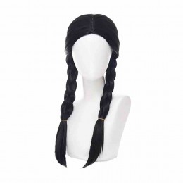 Long Black Braided Pigtails Girls Wednesday Cosplay Costume Wigs with Bangs for Halloween