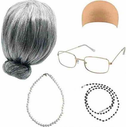 Old Lady Wig Costume Set, Gray Hair Granny Wig with Pearl necklace, Glasses, Glass Chain Accessories for party