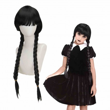 Black twist braid wig TV drama program Adams family hair double ponytail Wednesday Adams wig chemical fiber cos wig