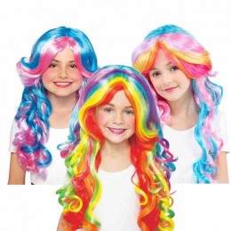 Fashion kids cosplay wigs long wave human hair rainbow wigs kids Halloween cosplay wig