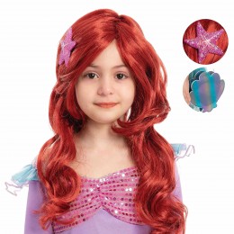 Girls Red Long Curly Mermaid Wig with Star Barrett and Shell Purse Halloween Little Mermaid Costume Wig Mermaid Cosplay Party Ac