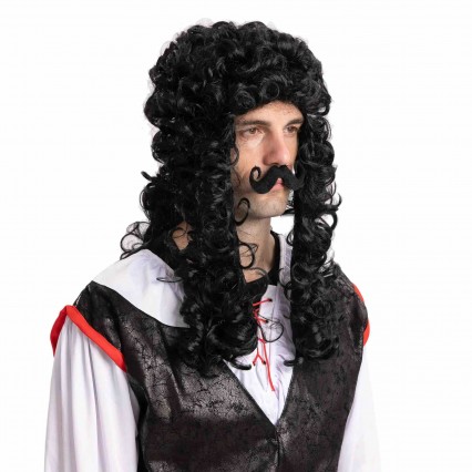 Men's Black Pirate Wig with 1 Mustache Halloween Wig for Adults Cosplay Party Accessories