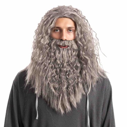 Men's Grey Wizard Wig With Beard Halloween Wig for Adults Cosplay Party Accessories