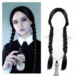 Movie The Addams family wig black middle braid cos wig Wednesday Addams wig