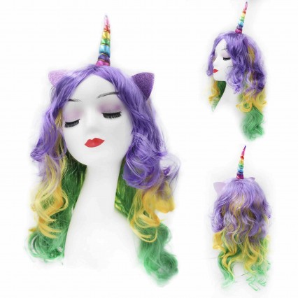 Heat Resistant Synthetic Hair colorful Curly Wig Rainbow horn wig cosplay party wig