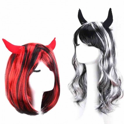 Long curly Demon Cosplay Wigs Synthetic Hair Black Red Devil Horns Party Wig For Women Heat Resistant Fiber