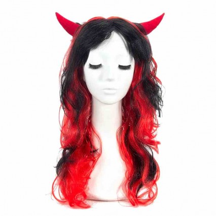 Wholesale party accessories fancy dress lady synthetic hair wig with seductive devil demon horns