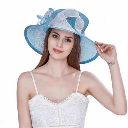 fashion chic women lady blue sinamay wide brim Church hat Kentucky Derby Dress Hat Fascinator Floral Tea Party Wedding hat