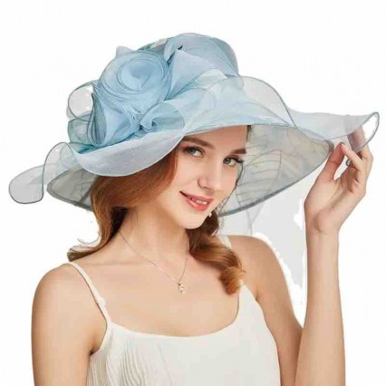 light weight packable women sun hat ruffles wide brim Kentucky Derby Organza Church Wedding Dress Party Occasion hat with flower