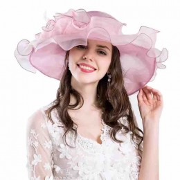 fashion Women sun hat Ruffles ladies hats wedding church wide brim Kentucky Derby Organza wedding Party hat with big flower