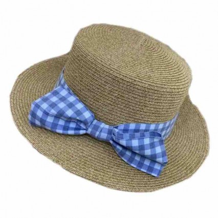 2024 new women Sun Hat Flat Top boater hat with grid bowknot Summer Beach fedora paper straw panama hats wholesale