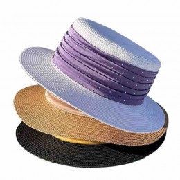 new women Sun Hat Flat Top boater with rhinestone satin ribbon Summer Beach fedora paper straw panama hats wholesale