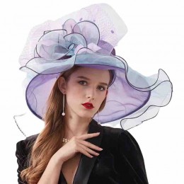 packable Women Ruffles brim Kentucky Derby Organza Dress Party hat with detachable flower ladies hats wedding church wide brim