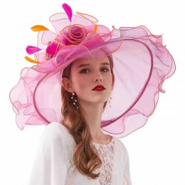 packable Women sun hat Ruffles brim Kentucky Derby Organza fascinator hats wedding Party hat with detachable flower as hair clip