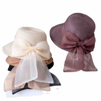 2024 new ladies women Sun Hats paper Straw wide brim beach sunscreen hat cloche hat with organza bowknot for Travel Outdoor