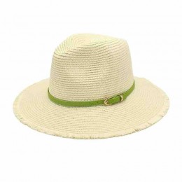 women Wide Brim fringe trim green belt beach panama paper Straw Hats Sun Protection UPF50 summer straw fedora hat wholesale