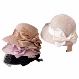 2024 new ladies women Sun Hats paper Straw beach sunscreen cloche hat with satin bowknot & mesh veil