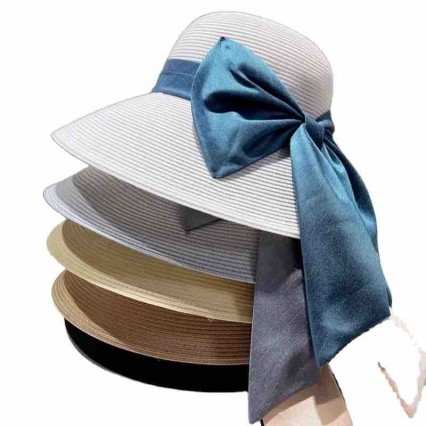 2024 new ladies women Sun Hats paper Straw wide brim beach hat cloche hat with big satin bowknot ribbon for Travel Outdoor