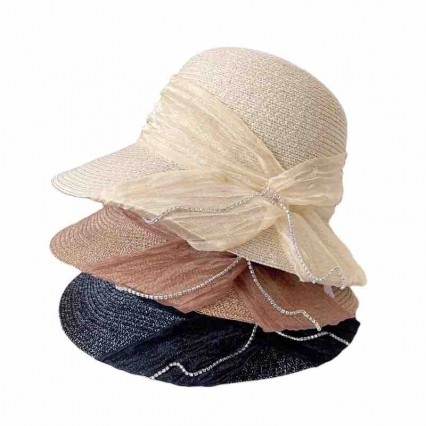 2024 new ladies women Sun Hats paper Straw wide brim beach hat cloche hat with organza bowknot for Travel Outdoor