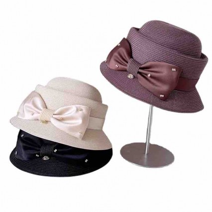 2024 new ladies women Sun Hats paper Straw wide brim beach hat cloche hat with satin bowknot for Travel Outdoor