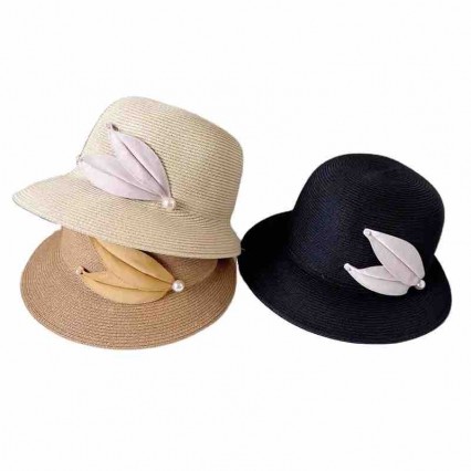 2024 new ladies women Sun Hats paper Straw wide brim beach hat cloche hat with satin leaves for Travel Outdoor