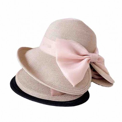 2024 new ladies women Sun Hats paper Straw wide brim split back beach hat cloche hat with big satin bowknot for Travel Outdoor