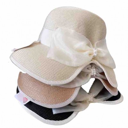 2024 new ladies women Sun Hats paper Straw wide brim split back beach hat cloche hat with organza bowknot for Travel Outdoor