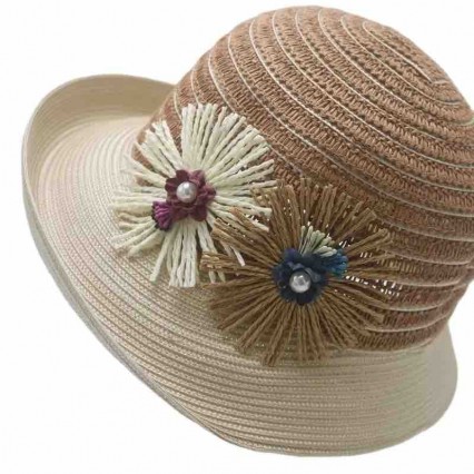 2024 new ladies women Sun Hats two tone paper Straw wide brim beach hat for women cloche hat with flowers for Travel Outdoor