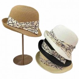 2024 new women Sun Hats paper Straw wide brim beach hat for women with printed ribbon cloche hat for Travel Outdoor